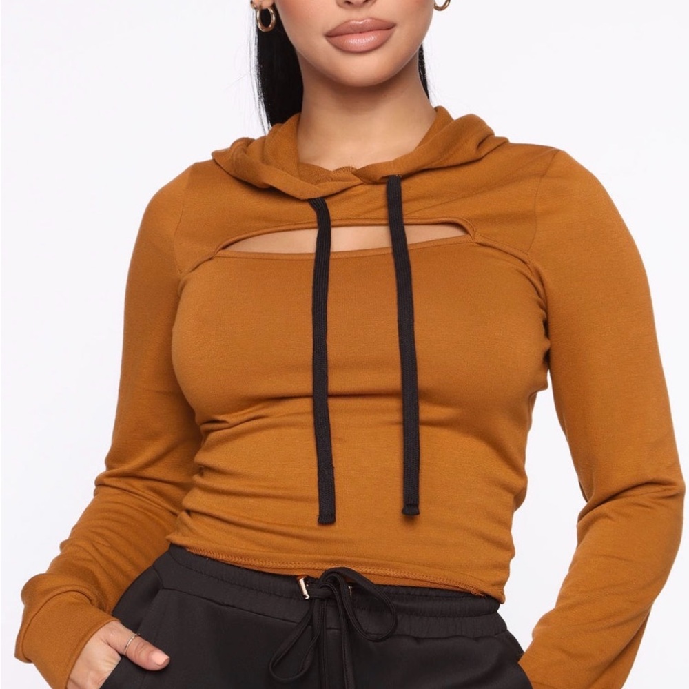 Fashion Nova Camel Cutout Hooded Long-Sleeve Crop Top with Black Drawstrings